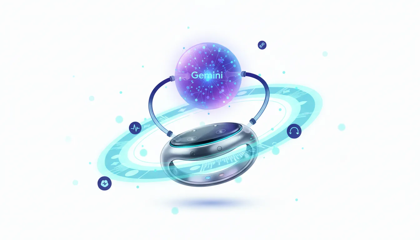Oura Ring data connecting to a glowing Gemini AI sphere, symbolizing DIY health pipelines and AI analysis.