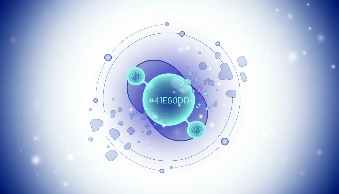Abstract visualization of a central glowing orb with a hex code, surrounded by orbiting elements and smaller connected spheres, representing AI model integration.