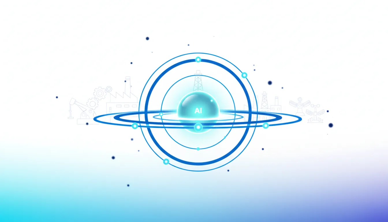 Abstract visualization of AI core with orbiting elements and industrial icons representing edge operations.