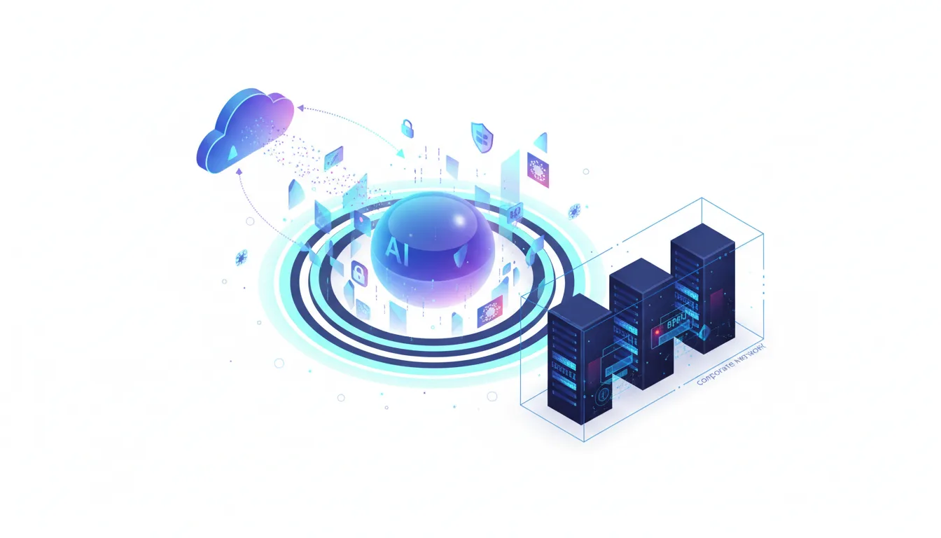 Illustration of AI models moving from cloud to corporate network servers for enhanced cybersecurity and data privacy.