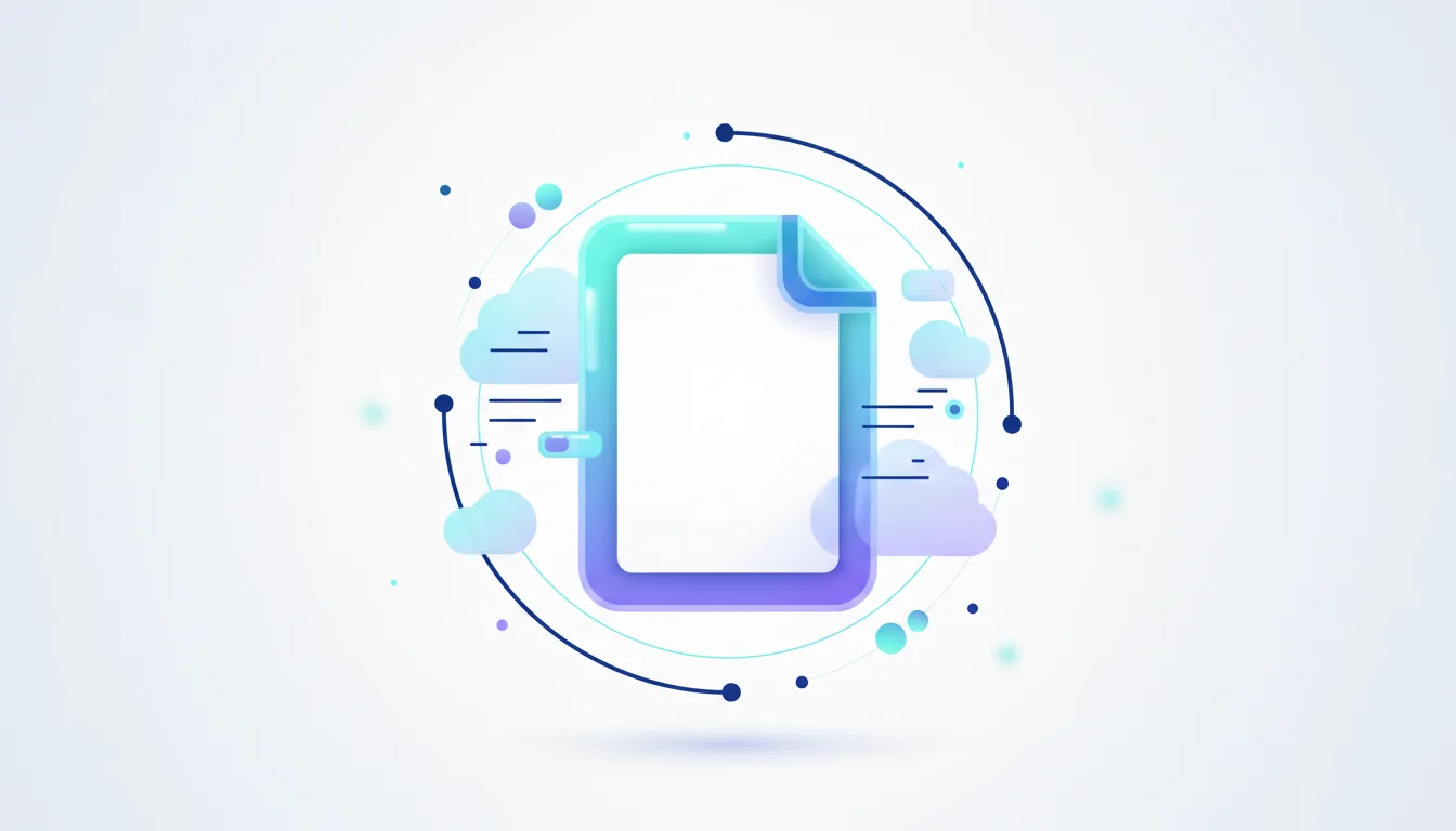 Abstract illustration of a document icon surrounded by abstract shapes and clouds, symbolizing digital transformation and data processing.