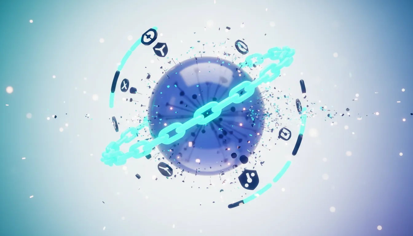 Abstract visualization of a glowing chain encircling a blue sphere surrounded by fragmented icons representing security and data, symbolizing AI safety versus military needs.