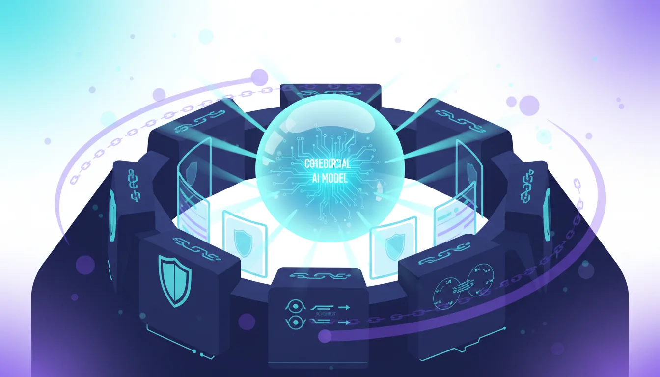 Abstract visualization of a secure AI model at the center of a protective ring with shield icons and data streams.