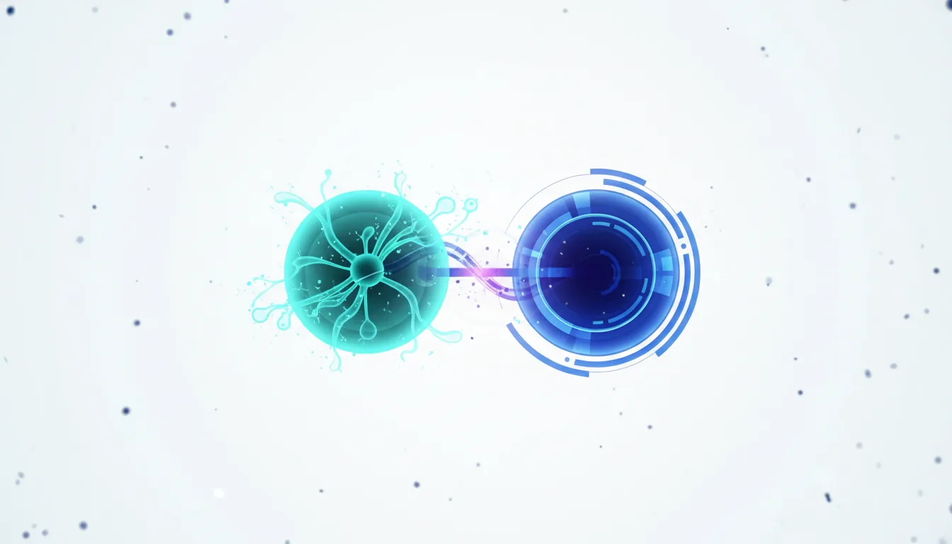Abstract representation of a glowing teal AI neural network connecting to a blue digital interface, symbolizing AI integration and strategy.