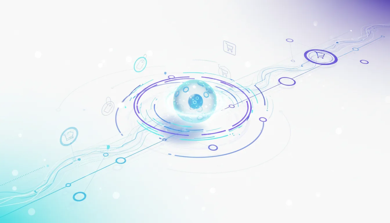 Abstract visualization of a glowing sphere surrounded by digital circuits and shopping cart icons, representing AI bots interacting with e-commerce platforms.