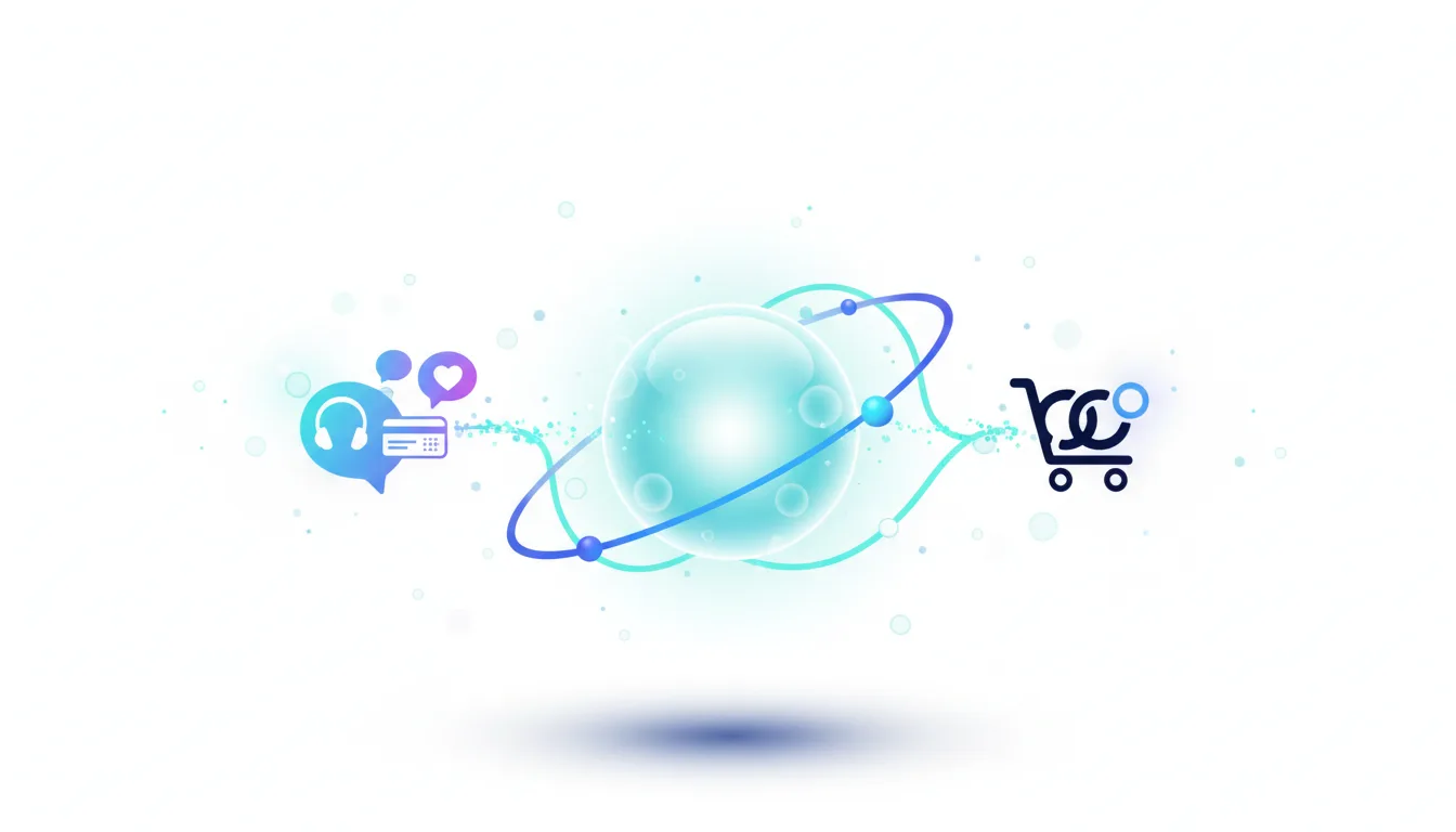 Abstract graphic showing icons for headphones, chat, credit card, and shopping cart connected by orbits around a central sphere, representing AI shopping integration.