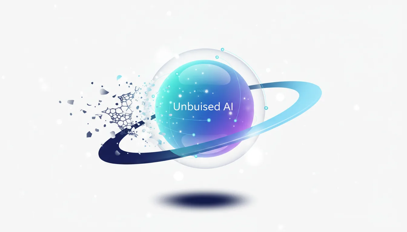 Abstract sphere labeled Unbuised AI with a ring and fragmented pieces breaking off, symbolizing AI integrity.