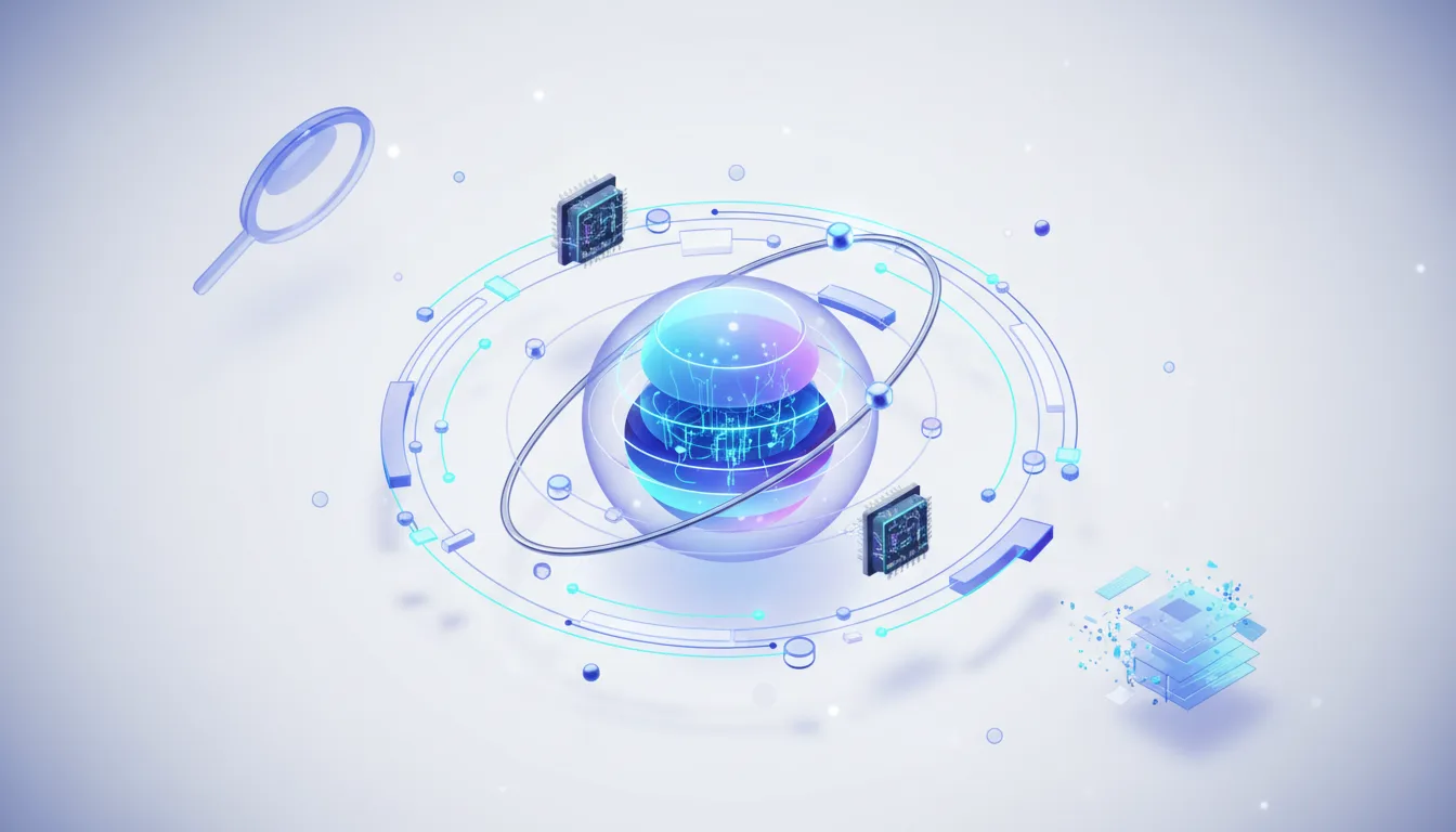 Abstract visualization of AI search technology with a magnifying glass, central glowing orb, and microchips.