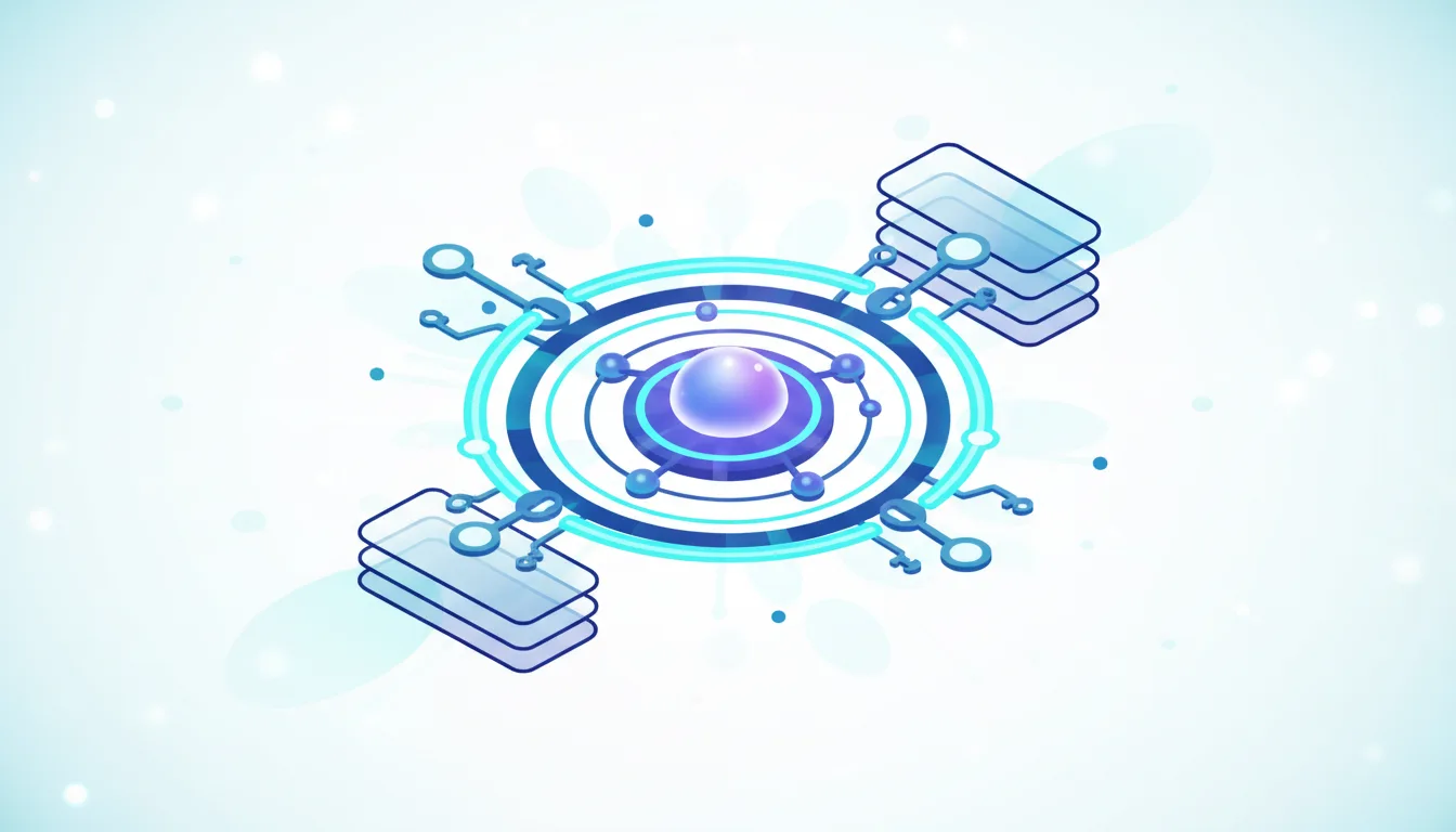 Abstract illustration of a central glowing orb surrounded by concentric rings and connected by circuits to stacked data layers, symbolizing AI data integration.