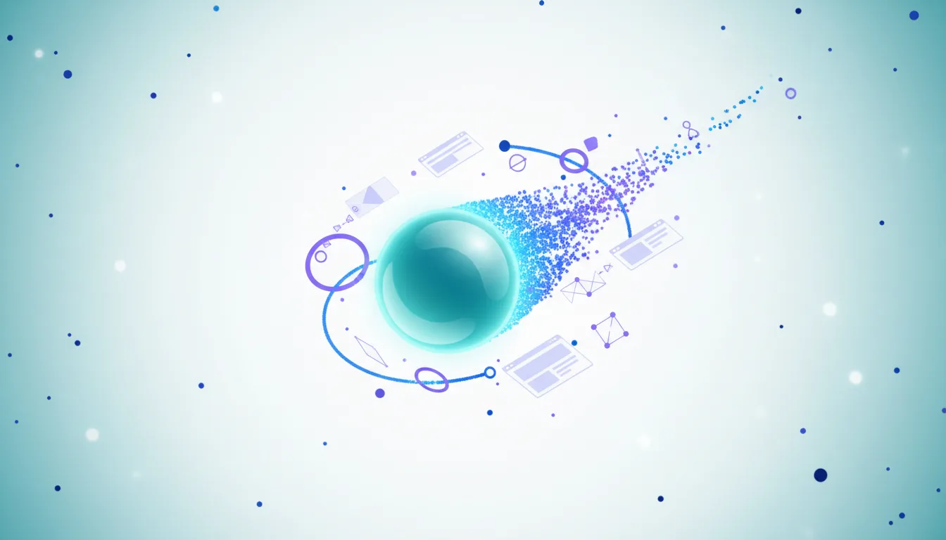 Abstract illustration of a glowing blue sphere with a trail of digital particles and icons representing web pages and data connections, symbolizing Perplexity Comet's AI browsing capabilities.