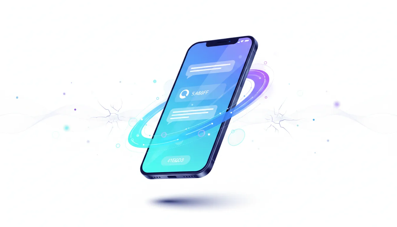 Smartphone displaying a chat interface with AI-generated responses and a swirling energy effect, representing Perplexity's Comet browser on iOS.