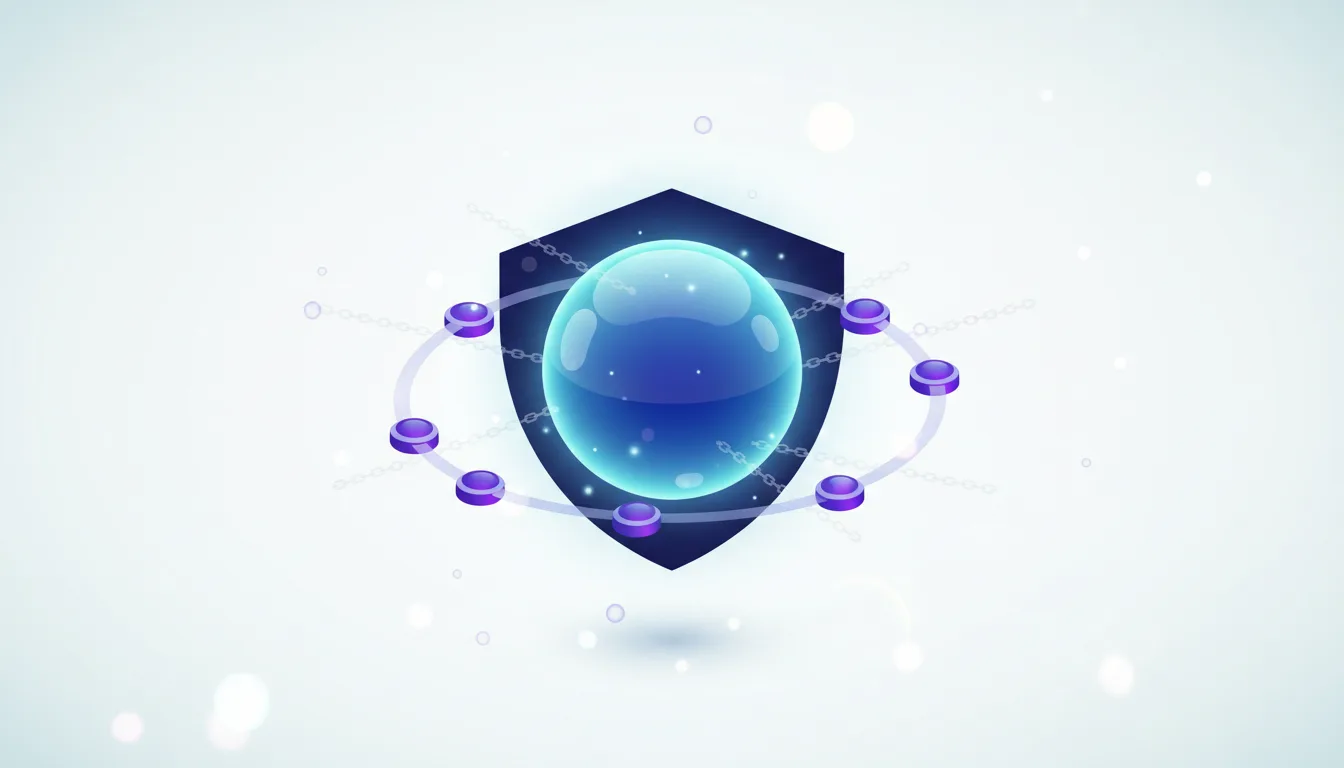 Abstract shield protecting a glowing blue sphere with orbiting nodes, representing AI security and autonomous systems.