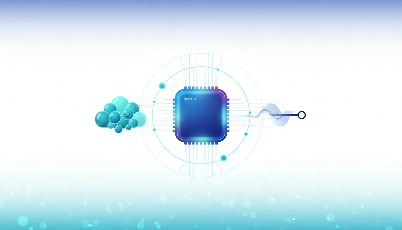 Abstract illustration of a cloud with smiling faces connected to a glowing blue CPU chip with circuit patterns.