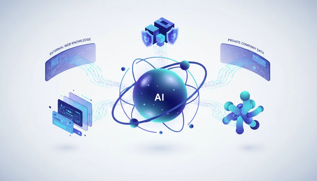 Abstract visualization of AI core processing external web knowledge and private company data for business intelligence applications.