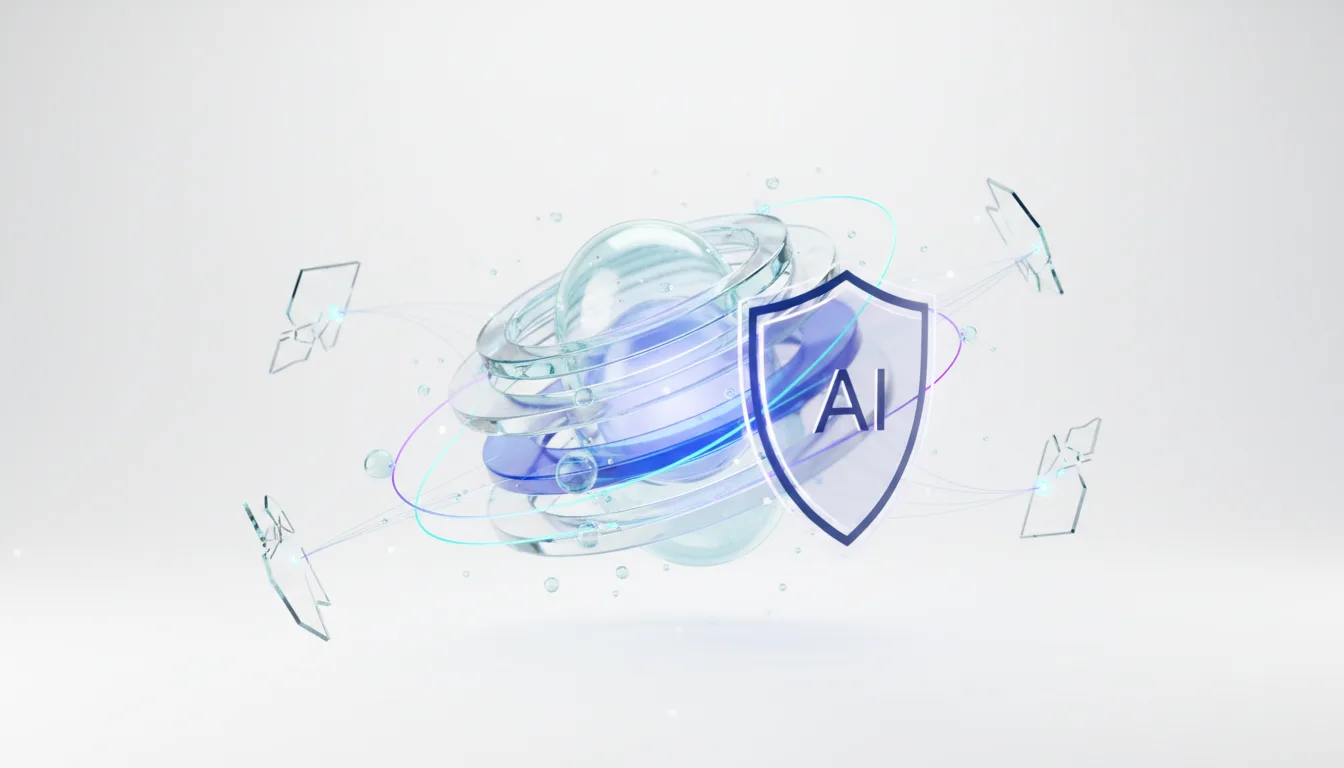 Abstract AI shield protecting a swirling orb with connected glass shards, symbolizing secure enterprise AI adoption.