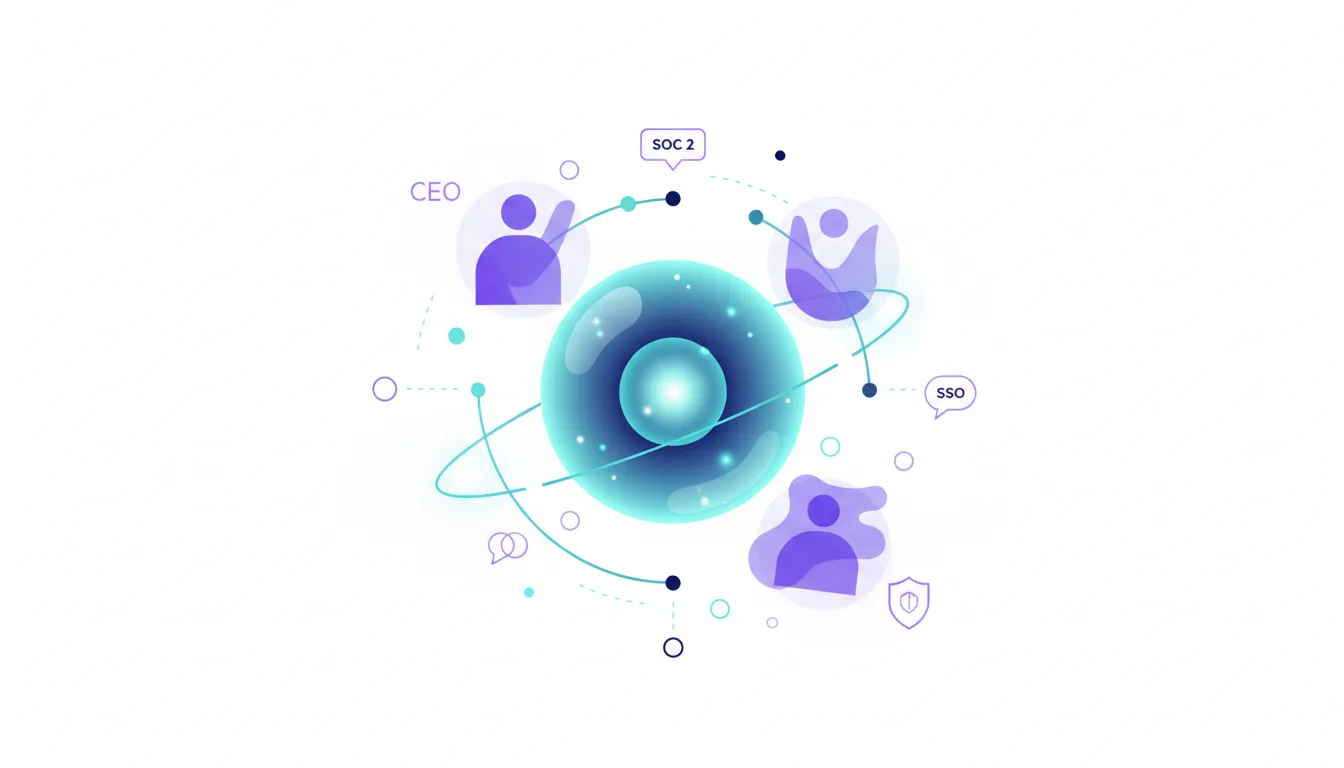Abstract graphic showing CEO, SOC 2, SSO, and security shield icons connected to a central glowing orb, representing Perplexity's enterprise AI focus.
