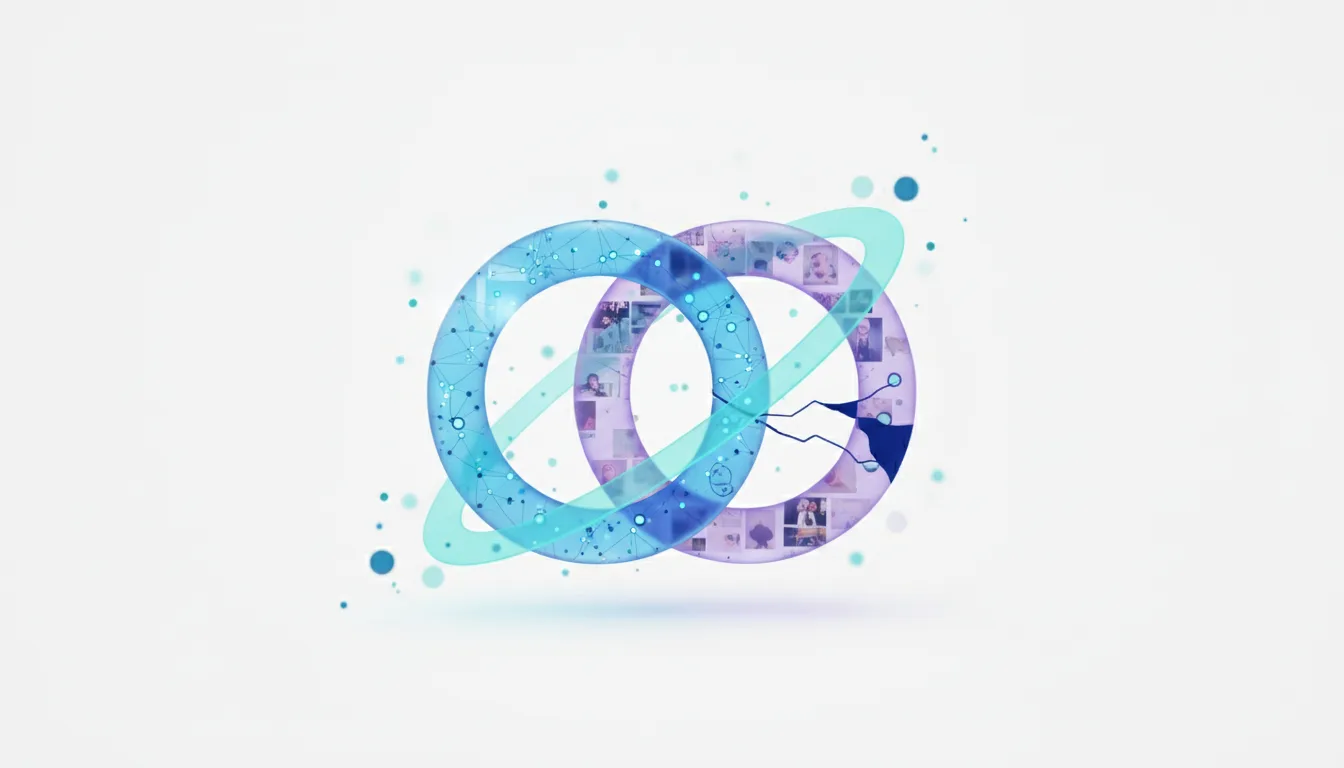 Two interlocking digital rings with embedded images and connecting lines, symbolizing AI data integration and partnerships.