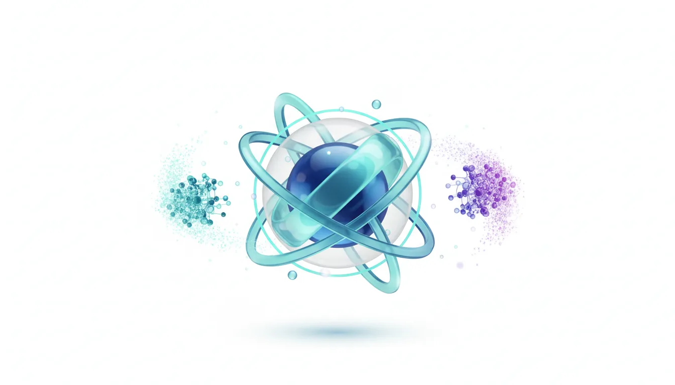 Abstract atomic structure with orbiting rings and clusters of particles representing AI models and data.