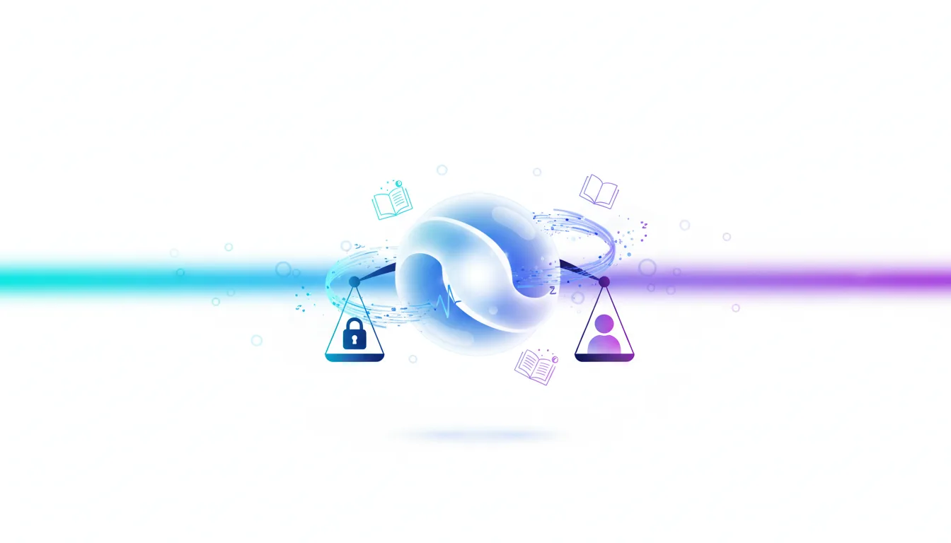 Abstract illustration of scales balancing a lock icon and a person icon, representing privacy and personalized health guidance with AI.