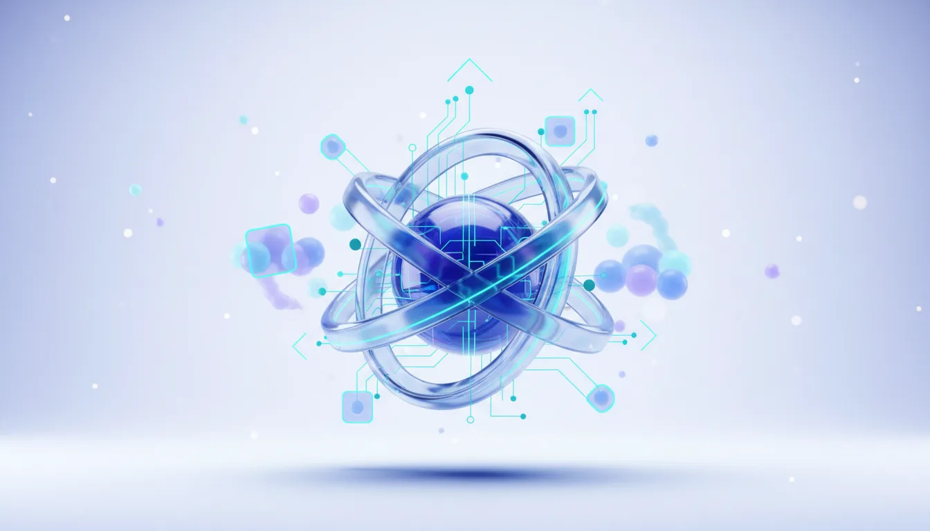 Abstract digital atom with orbiting rings and circuit board elements, symbolizing AI and advanced technology.