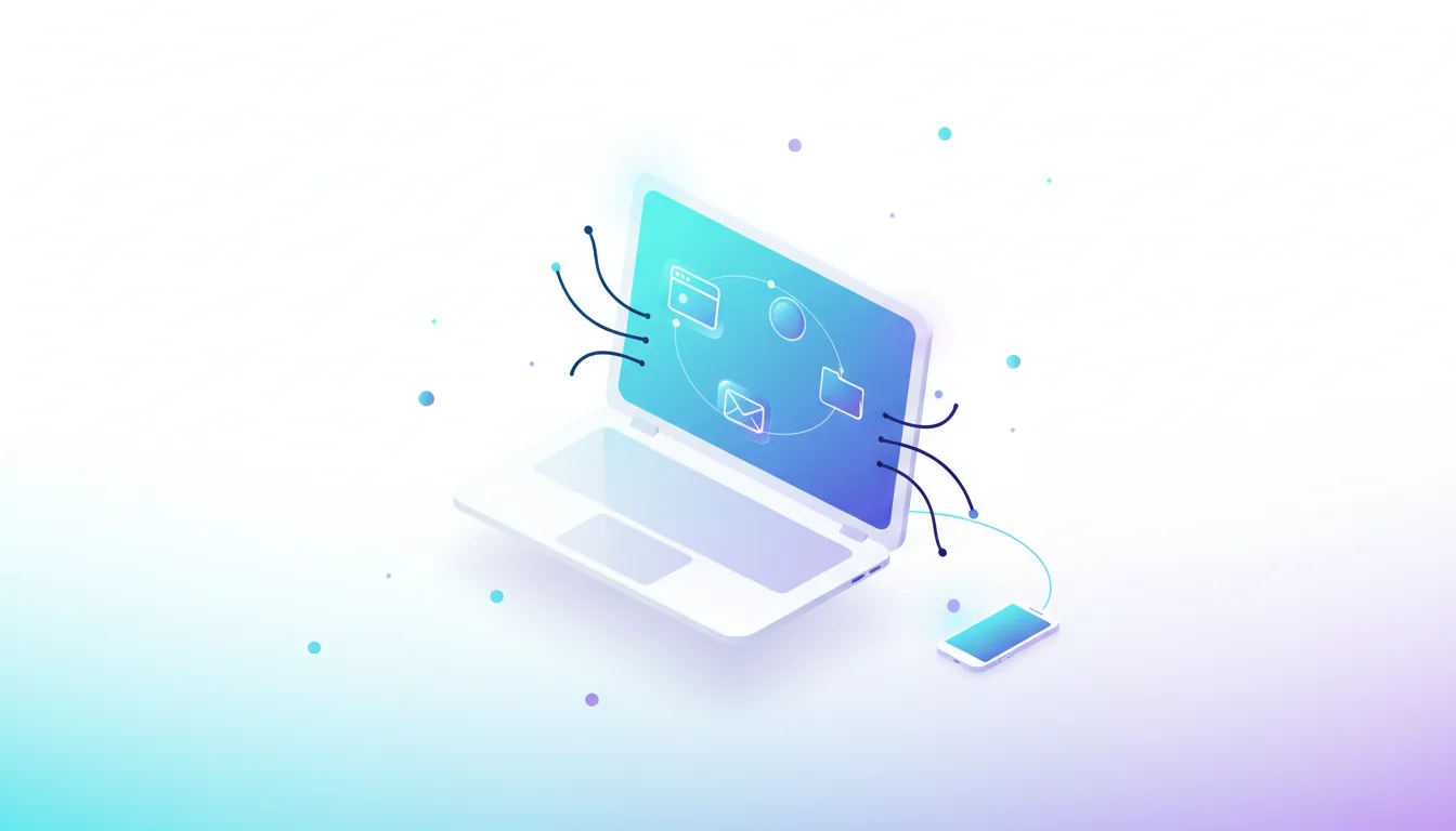 Laptop and smartphone connected by lines, illustrating Perplexity's Mac app as an agent automating tasks across devices and applications.