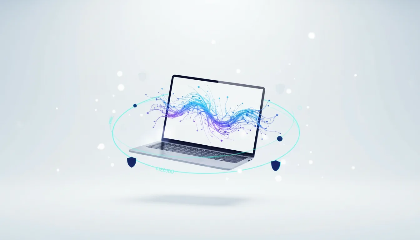 A laptop displays a swirling network of blue and purple digital lines, symbolizing AI integration into macOS automation.