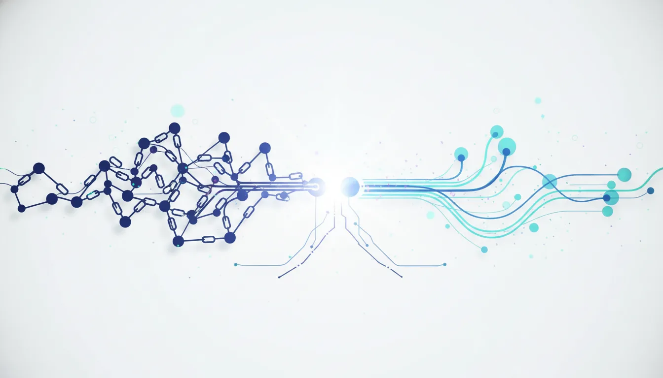 Abstract graphic showing a chain-like structure on the left connecting to flowing lines and circuits on the right, symbolizing the clash between indexed and synthesized web architectures.