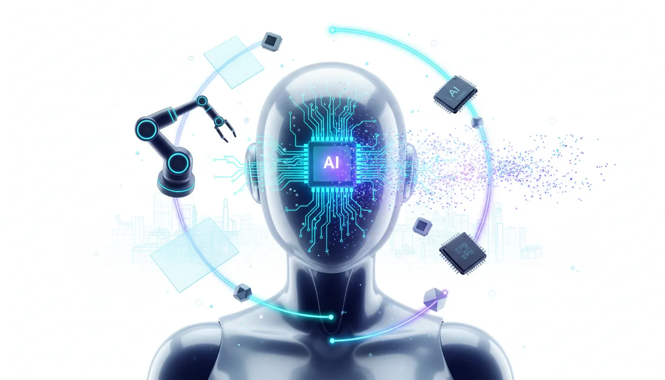 Robotics arm and AI chips orbit a human-like robot head with a glowing AI processor, symbolizing physical AI development challenges.