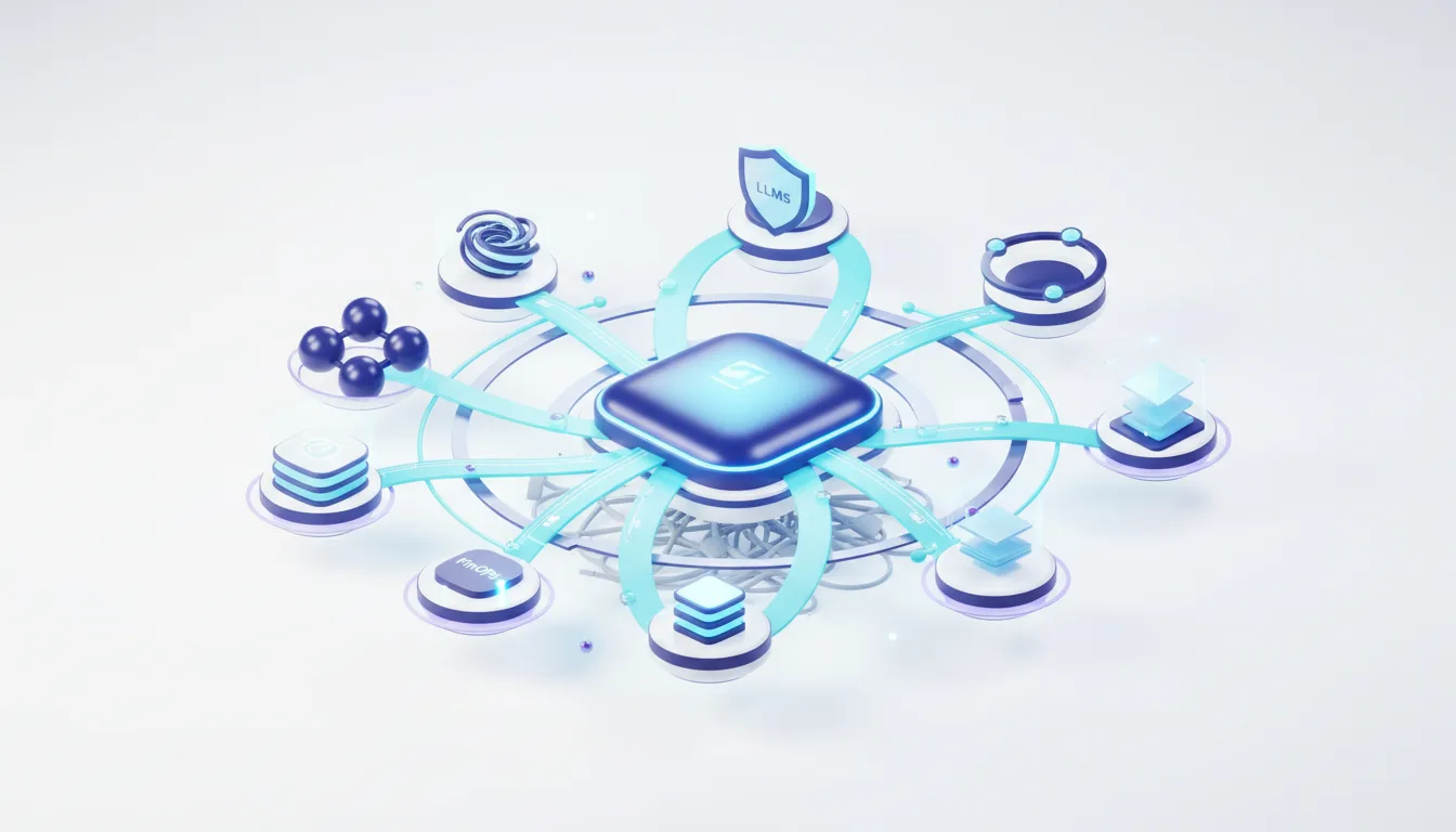 Abstract diagram showing a central AI core connected to various modules including LLMS, databases, and security shields, representing platform engineering for AI.