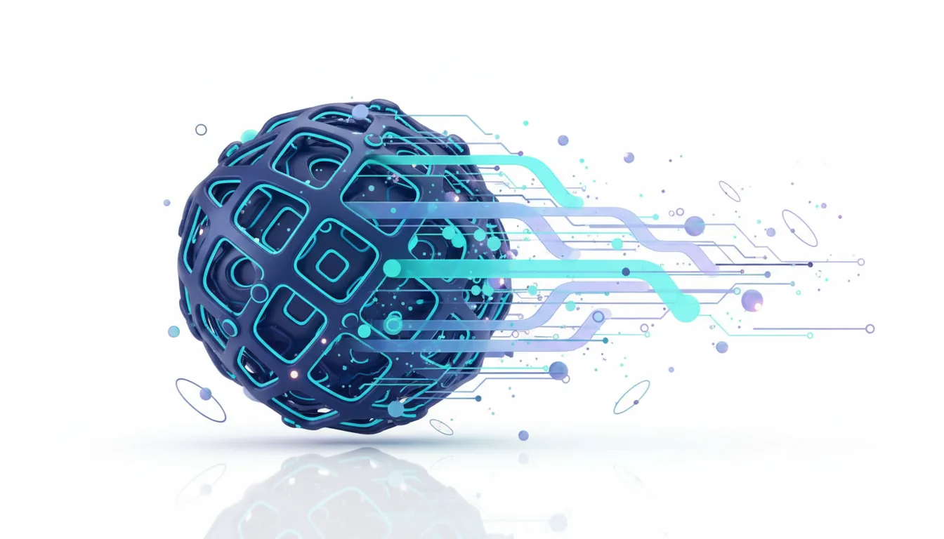 Abstract dark blue sphere with glowing turquoise circuitry and data streams flowing outwards, representing AI advancements beyond transformers.