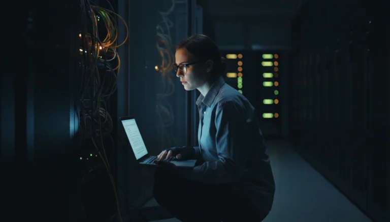 A security researcher works on a laptop next to open server racks in a dark data center.