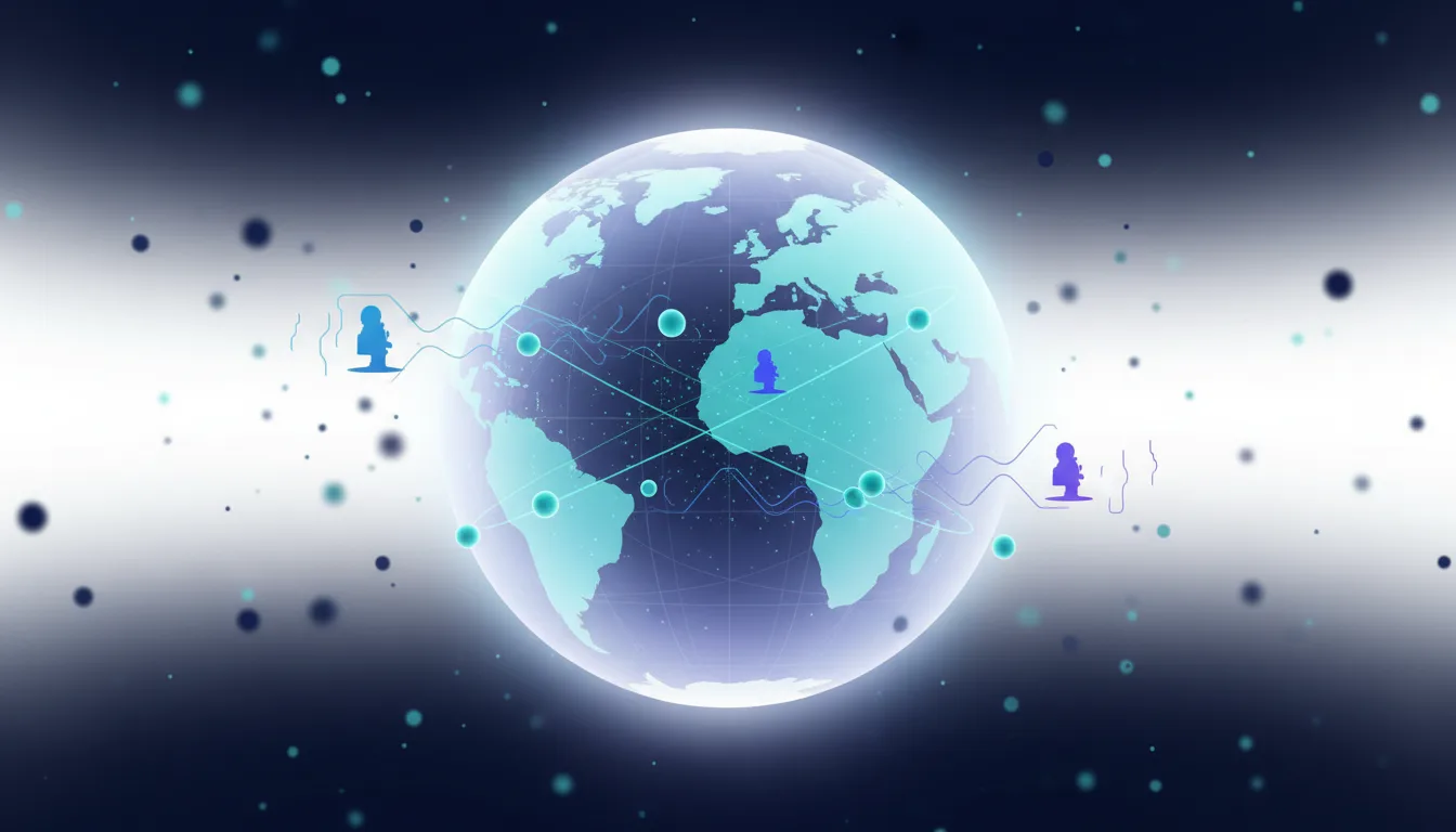 Abstract globe with interconnected nodes and user icons representing distributed global AI services and PrfaaS architecture.