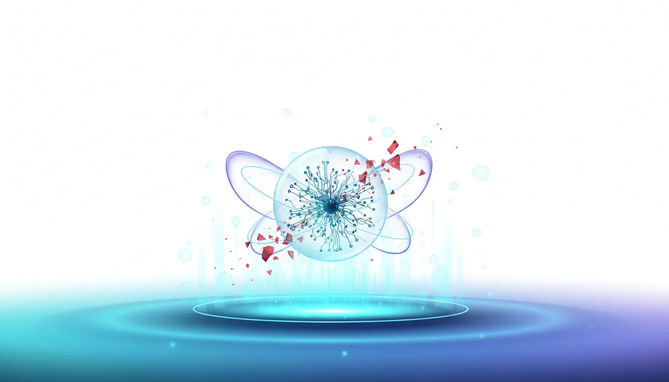 Abstract representation of an AI core with circuitry, protected by a bubble and surrounded by orbiting rings, symbolizing cybersecurity defense.