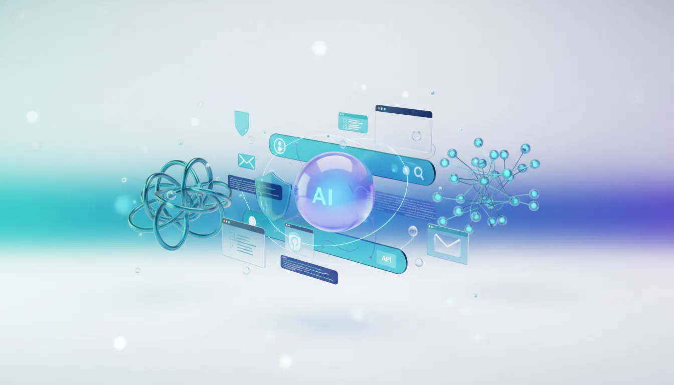 Abstract visualization of AI security risks with floating icons for data, search, API, and security shields surrounding a central AI sphere.