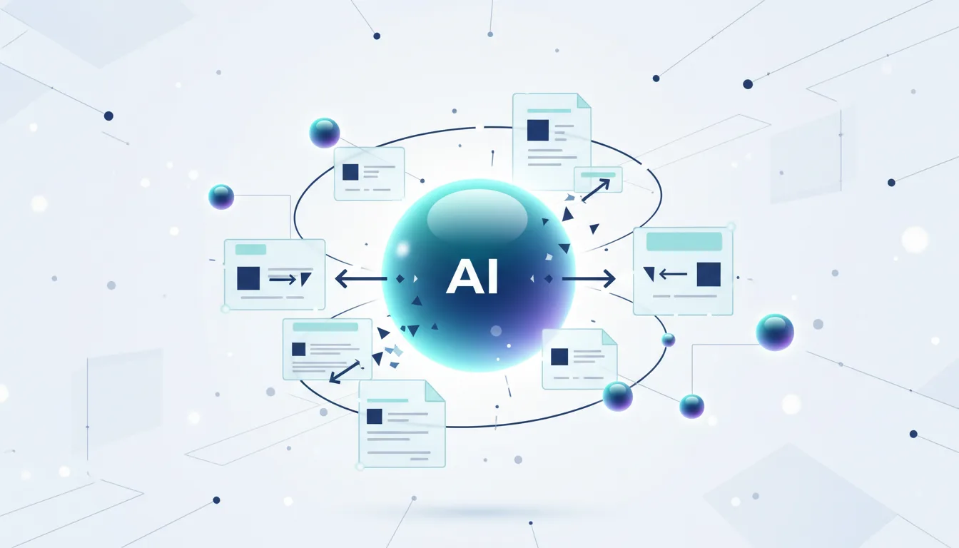 Abstract visualization of AI core surrounded by documents and data nodes, illustrating interconnectedness and potential vulnerabilities.