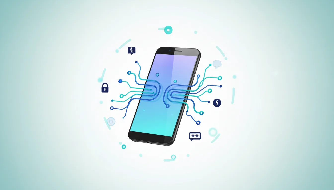 Smartphone with glowing circuits and security icons, representing AI-enhanced Android malware threats like PromptSpy.