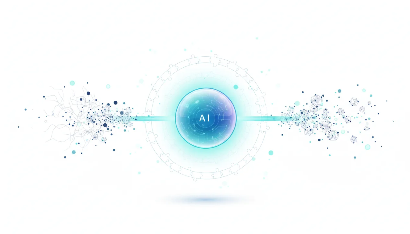 Abstract visualization of AI core processing, with data streams flowing into and out of a central glowing sphere labeled AI.