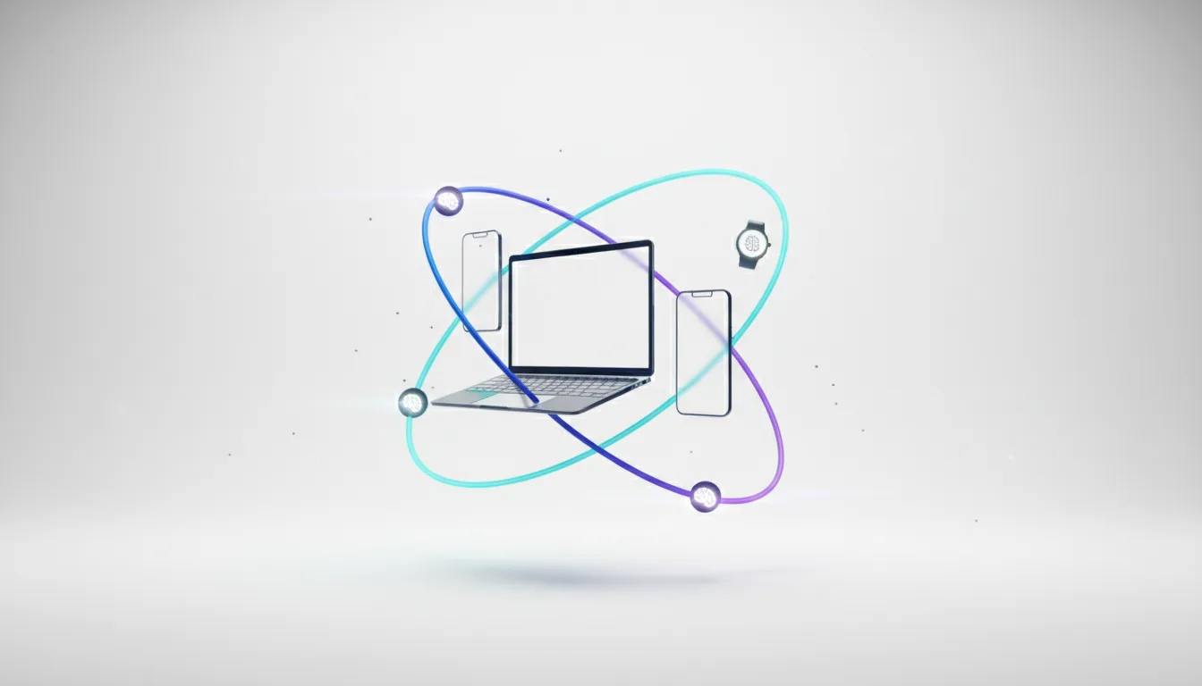 Lenovo's Qira AI assistant concept showing a laptop, two phones, and a smartwatch connected by abstract orbital lines.