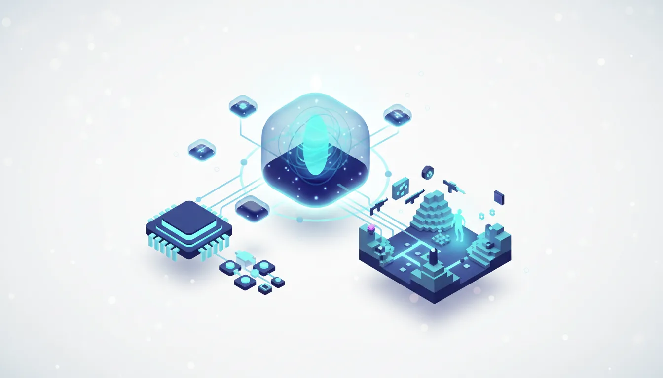 Abstract illustration of a CPU, a glowing hexagonal core, and a game level with assets, representing local AI development.