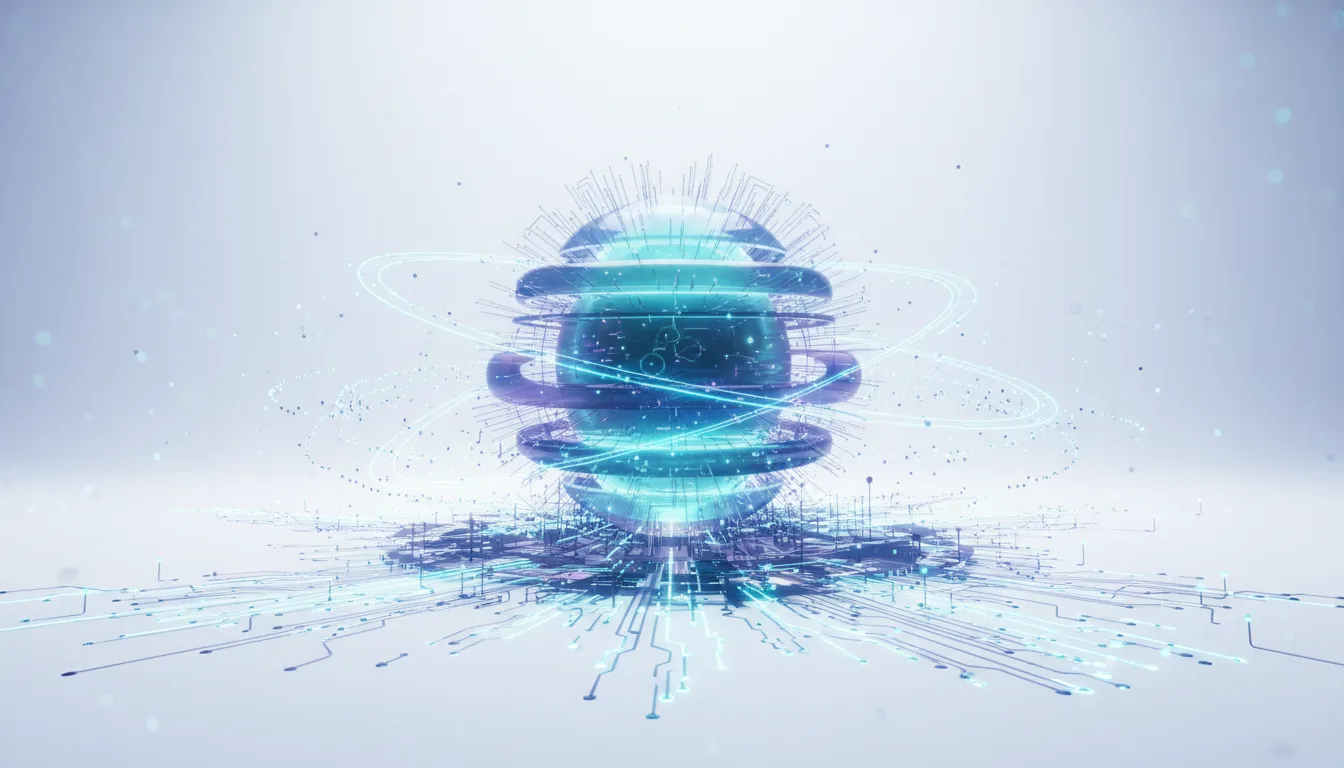 Abstract glowing sphere with intricate circuitry and orbiting rings, representing advanced AI technology and data flow.