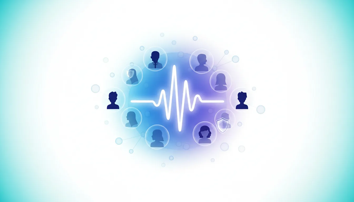 Abstract visualization of a heartbeat line connecting diverse user profile icons in a network, representing AI voice technology and communication.