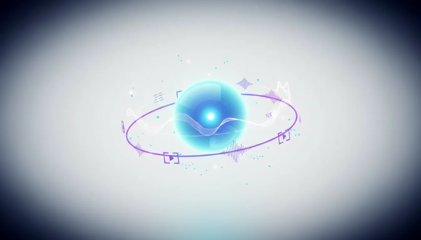 Abstract representation of a multimodal AI model with a central glowing sphere surrounded by waveforms and data visualizations.