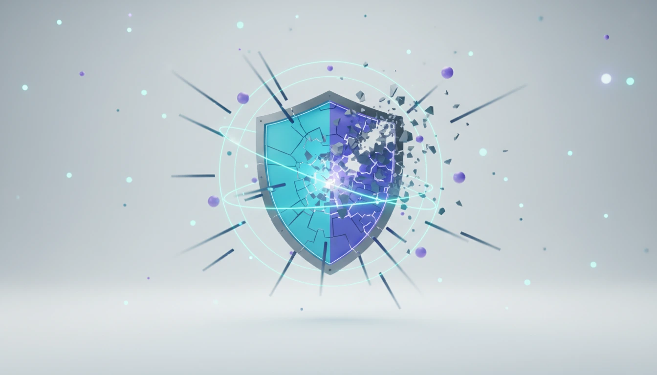 A crumbling digital wall under attack, illustrating the failure of deepfake detection.