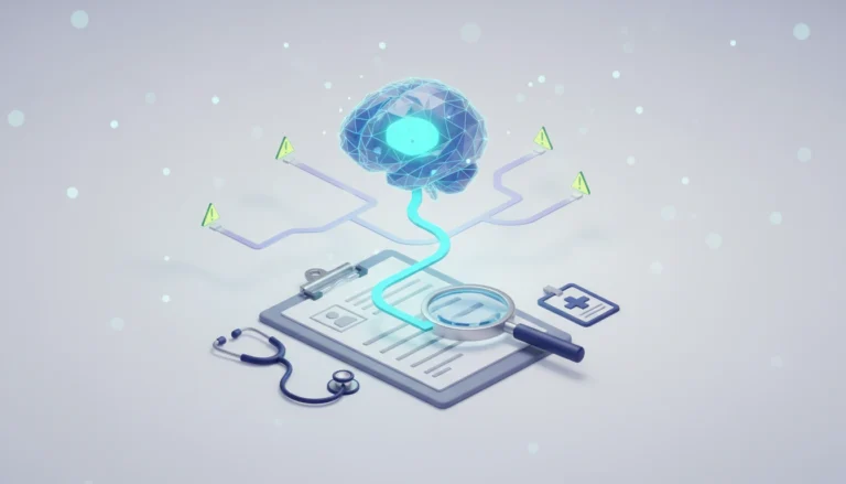 3D illustration of a glowing AI reasoning core above a patient chart, branching into several diagnosis paths, some flagged as false alarms