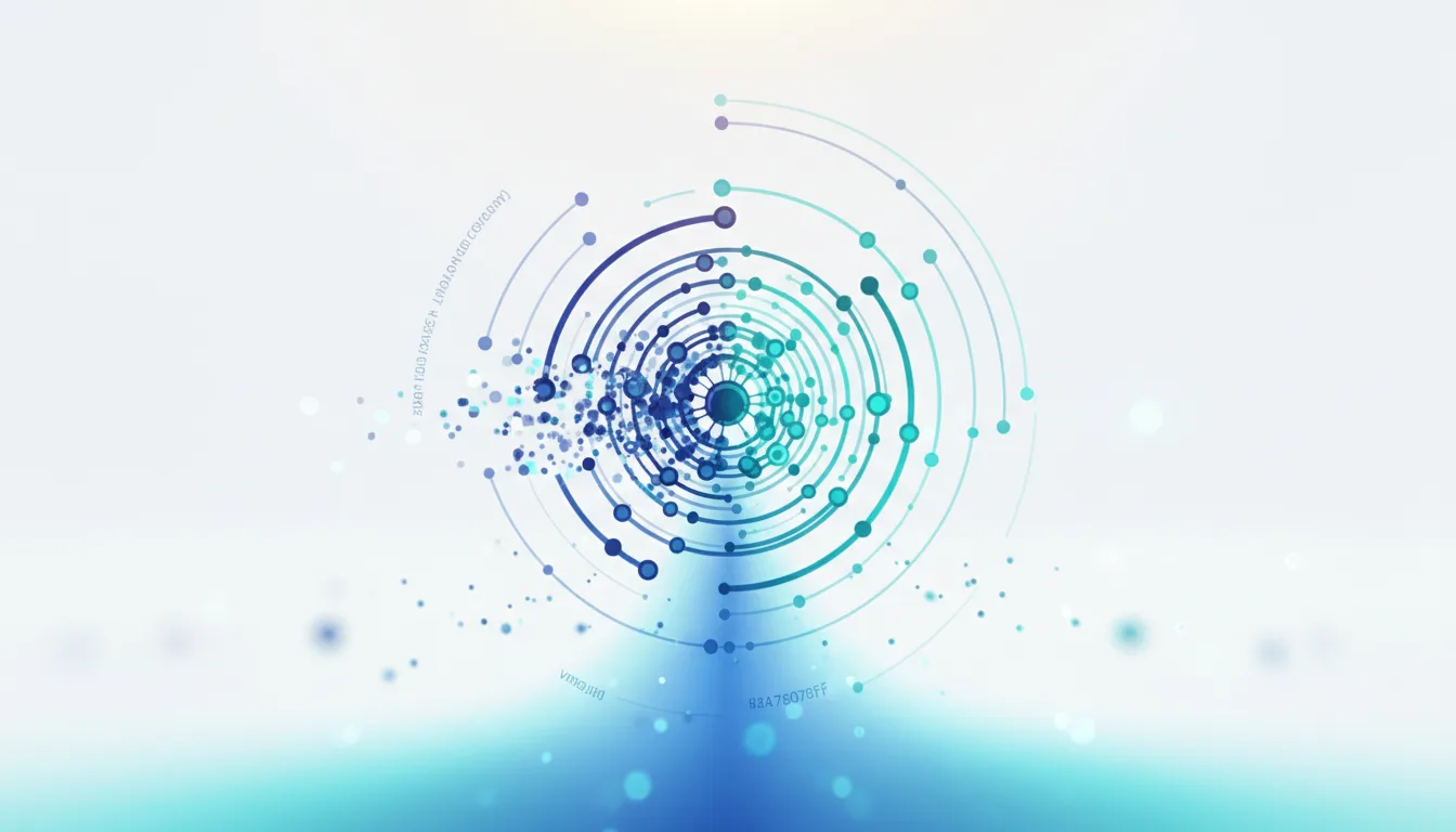 Abstract visualization of interconnected nodes and circular pathways, representing data flow and AI development in reinforcement learning.