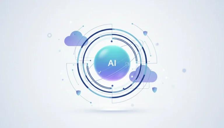 Abstract graphic representing AI with a central sphere labeled AI, surrounded by concentric circles, clouds, and shield icons.