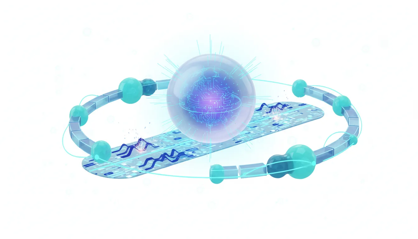 Abstract visualization of a glowing sphere containing a circuit board pattern, representing AI, surrounded by a ring of interconnected nodes and digital waveforms.