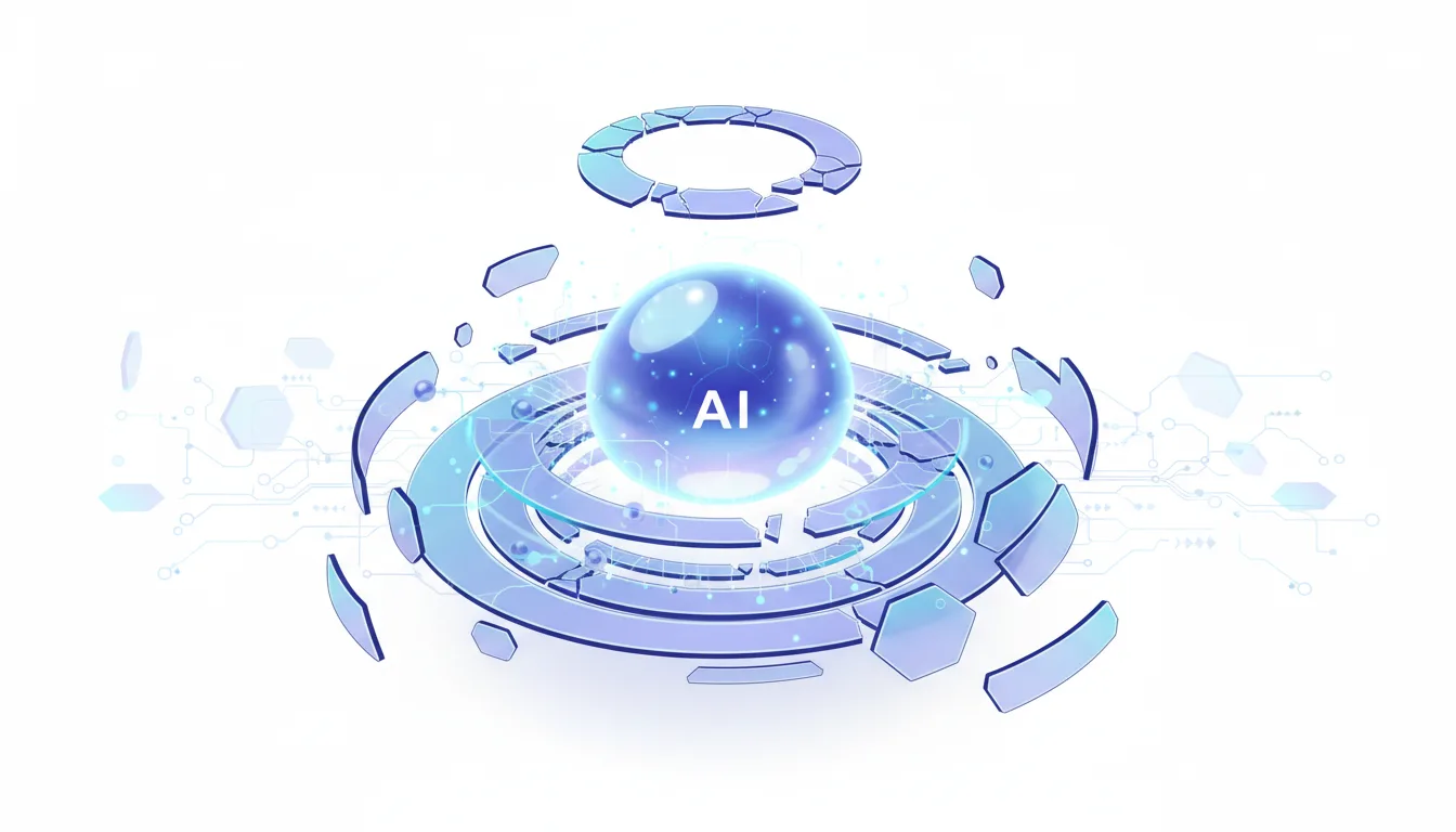 Abstract visualization of a glowing AI sphere surrounded by fragmented digital rings, representing advanced AI capabilities and potential risks.