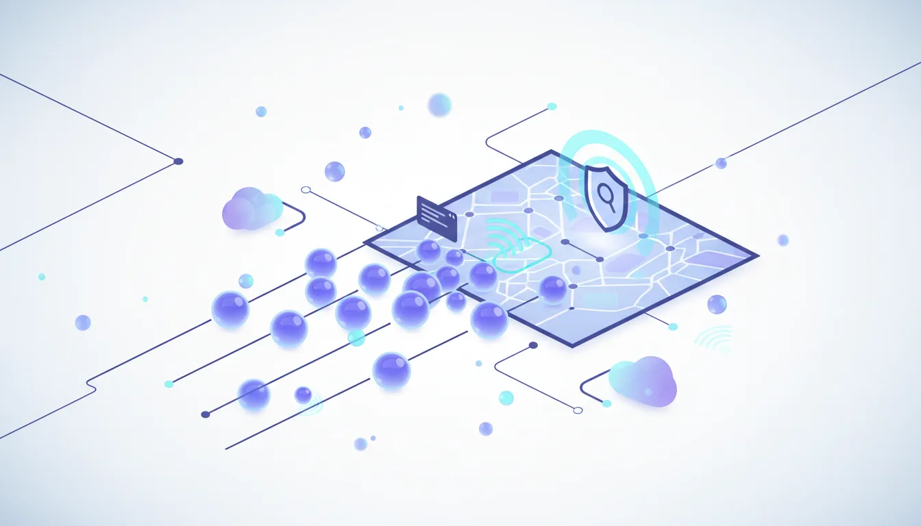 Abstract illustration of AI agents represented by purple spheres interacting with a digital map interface showing security and cloud icons, symbolizing AI model evaluation and web security challenges.