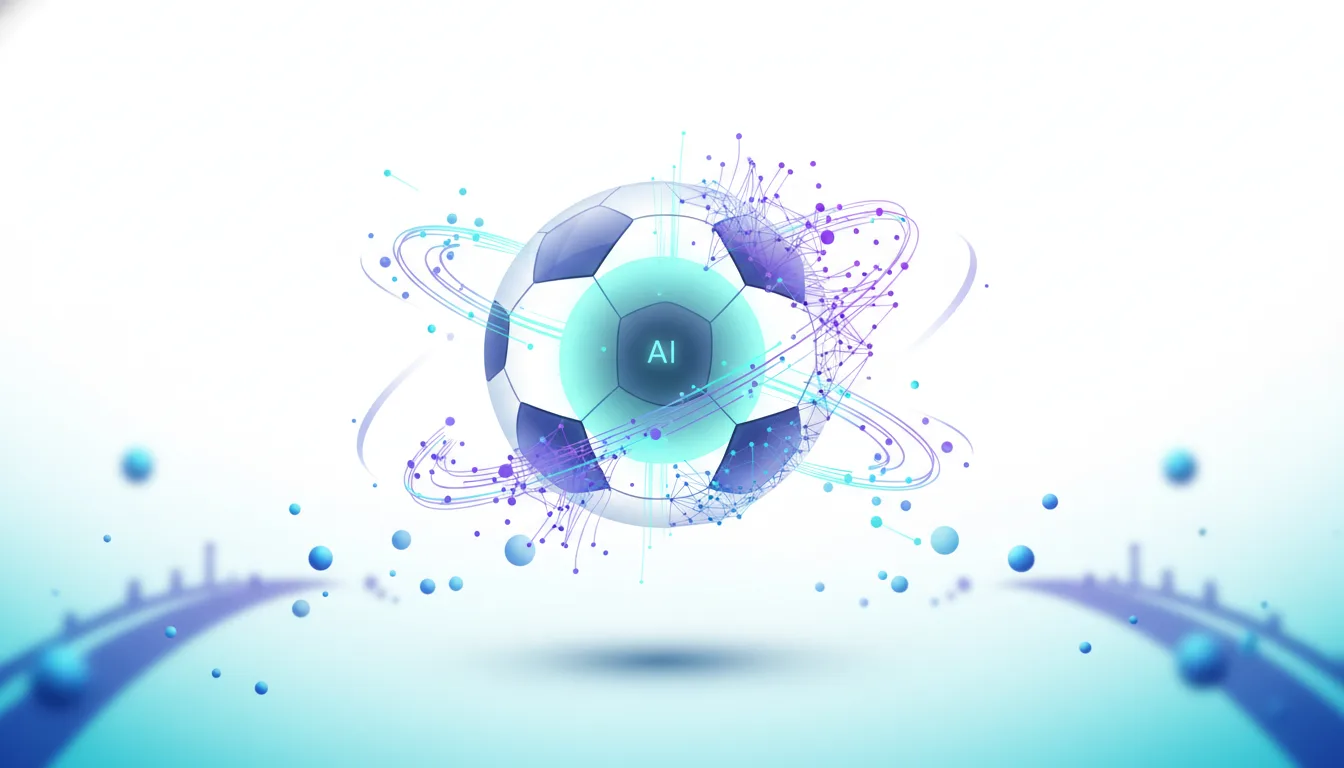 Futuristic soccer ball with AI at its core, surrounded by digital connections and orbiting particles, symbolizing the intersection of sports and artificial intelligence.